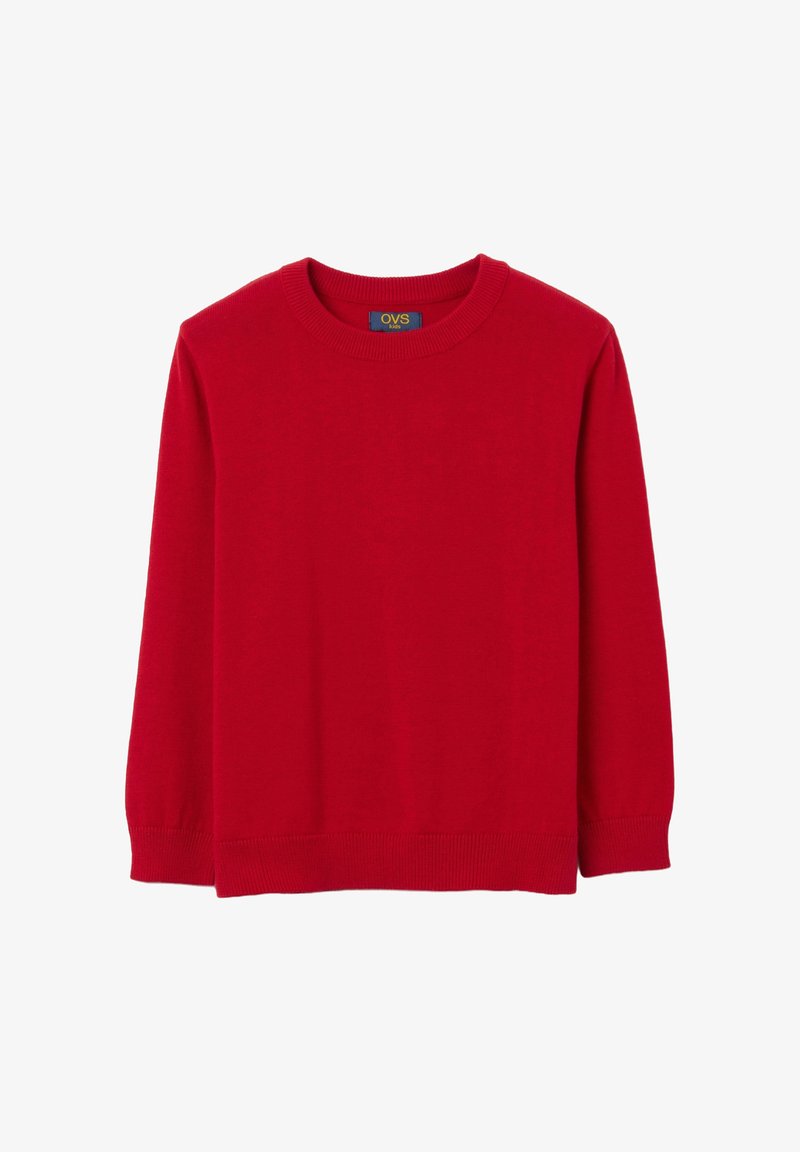 Roter Pullover aus Strickstoff mit rundem Halsausschnitt, langen Ärmeln und geripptem Saum und Bündchen. Einfaches Design ohne Muster.