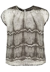 Kortärmad blus med ett grått ormskinnsmönster, lättviktsmaterial, rundad halsringning med en nyckelhålsdetalj på baksidan.