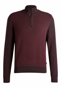 Bordeaux kleurige pullover trui met een kwart-rits kraag, textuur op het bovenste paneel, gladde ondersectie, lange mouwen en aansluitende geribbelde manchetten.