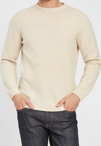 Beige stickad tröja med rundad halsringning, ribbade ärmslut och nederkant. Mjuk textur och vanlig passform, kombinerad med mörka jeans.