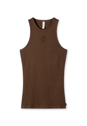 Bruine geribde tanktop met een ronde halslijn. Heeft een klein geborduurd logo aan de voorkant. Zachte stof met een aansluitend ontwerp.