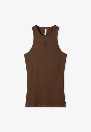 Braunes geripptes Tanktop mit rundem Ausschnitt. Verfügt über ein kleines gesticktes Logo auf der Vorderseite. Weicher Stoff mit figurnahem Schnitt.