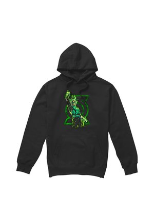 Black hoodie with a green graphic of a glowing superhero figure raising a fist in front of a stylized emblem on the chest.