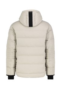 Puffer jacket with a beige fabric, horizontal stitching, black hoodie accent, and ribbed cuffs for added warmth. Back view.