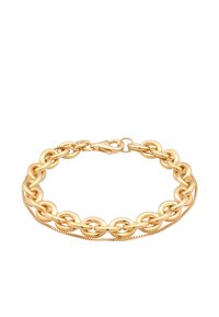 Bracciale in metallo dorato con maglie sovradimensionate dalla superficie liscia, un piccolo gancio e un ulteriore dettaglio di catena fine.