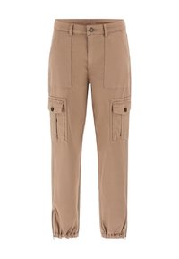 Beige cargobyxor med två framfickor och två sidofickor med lock. Elastiska muddarna vid anklarna. Tillverkade av ett lätt tyg.