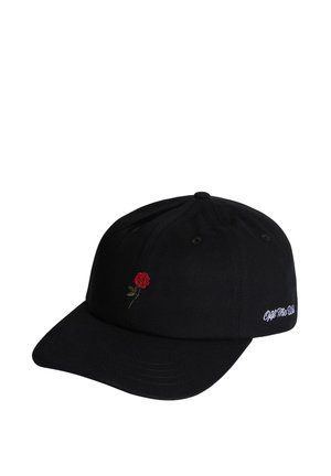 Black baseball cap with a small red rose embroidered on front and white "Off The Wall" text on the side.