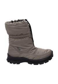 Geïsoleerde beige sneeuwlaars met een gevoerde schacht, een trekkoordsluiting en een gestructureerde zwarte rubberen zool voor grip en stabiliteit.