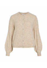 Cardigan en laine beige avec col rond, manches longues en ballon, poignets côtelés et fermeture à boutons sur le devant avec sept boutons.