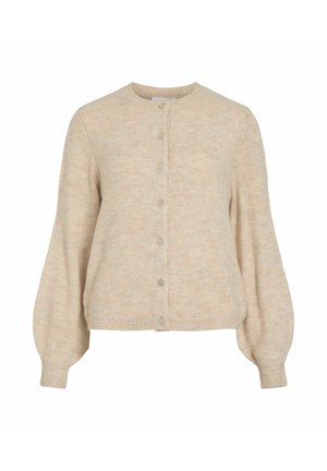 Cardigan en laine beige avec col rond, manches longues en ballon, poignets côtelés et fermeture à boutons sur le devant avec sept boutons.