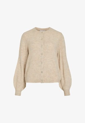 Beez värvi villane kardigan ümmarguse kaeluse, pikade balloonvarrukate, soonikkoes mansettide ja seitsme nupuga esise lukuga.