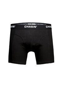 Boxer neri realizzati in tessuto morbido, con elastico in vita bianco con logo "CHASIN'" e design aderente con finitura liscia.