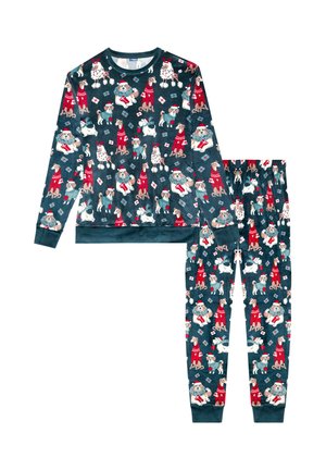 Conjunto de pijama verde con ilustraciones de perros juguetones, parte superior de manga larga con cuello redondo y pantalones con cintura elástica. Material suave, diseño festivo.