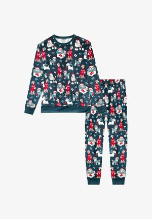 Conjunto de pijama verde con ilustraciones de perros juguetones, parte superior de manga larga con cuello redondo y pantalones con cintura elástica. Material suave, diseño festivo.