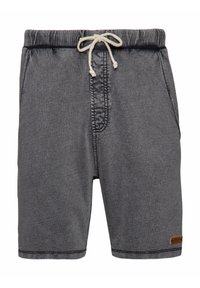 Pantaloni corti grigi realizzati in un tessuto morbido con vita regolabile grazie a un cordoncino. Presentano tasche laterali, cuciture a contrasto e una targhetta in pelle etichettata sull'orlo.