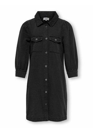 Czarna sukienka dżinsowa na guziki z przodu, z długimi bufkami, dwoma klapowymi kieszeniami na piersiach i klasycznym kołnierzem.