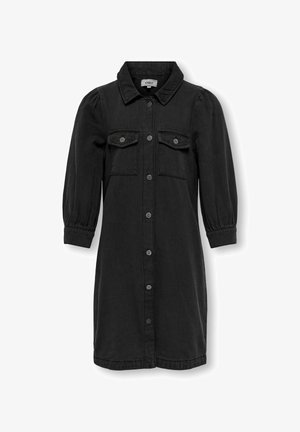 Czarna sukienka dżinsowa na guziki z przodu, z długimi bufkami, dwoma klapowymi kieszeniami na piersiach i klasycznym kołnierzem.