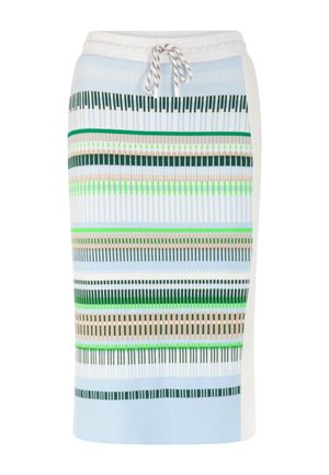 Knee-length skirt with horizontal stripes in green, beige, blue, and white, featuring a white elastic waistband and drawstring.