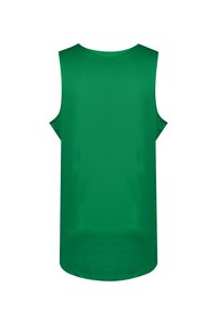 Grünes ärmelloses Oberteil aus leichtem Stoff mit glatter Textur. Verfügt über einen abgerundeten Saum und weite Armausschnitte für eine entspannte Passform.