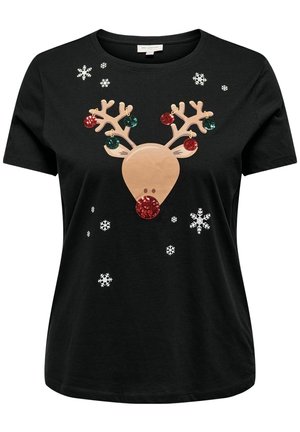 Sort kortærmet skjorte med et rensdyransigt, dekorerede gevirer med røde og grønne ornamenter samt hvide snefnug spredt rundt.