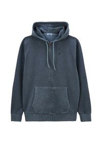Sweat à capuche zippé en mélange de coton gris foncé. Comprend une poche kangourou et des cordons de serrage contrastés, avec des poignets et un ourlet côtelés.