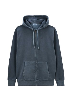 Sweat à capuche zippé en mélange de coton gris foncé. Comprend une poche kangourou et des cordons de serrage contrastés, avec des poignets et un ourlet côtelés.