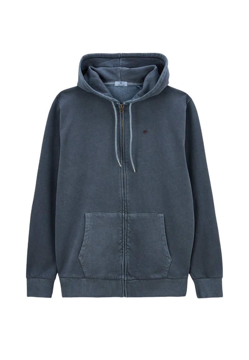 Sweat à capuche zippé en mélange de coton gris foncé. Comprend une poche kangourou et des cordons de serrage contrastés, avec des poignets et un ourlet côtelés.