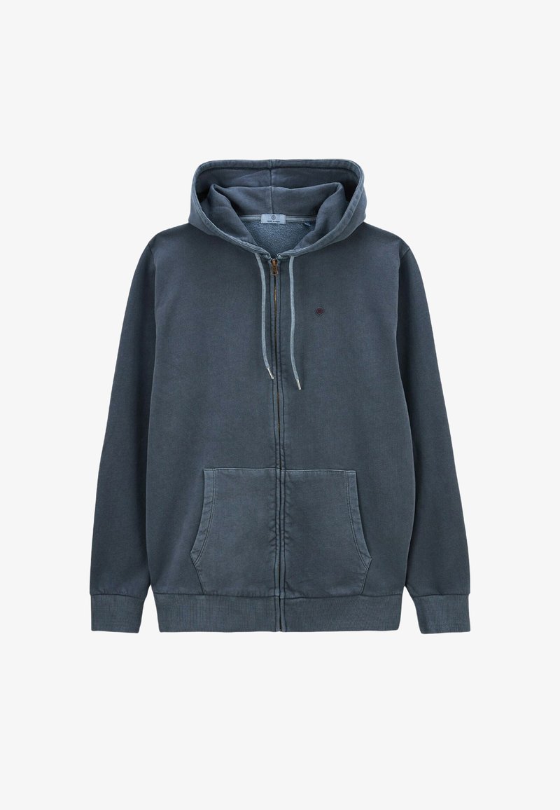 Sweat à capuche zippé en mélange de coton gris foncé. Comprend une poche kangourou et des cordons de serrage contrastés, avec des poignets et un ourlet côtelés.