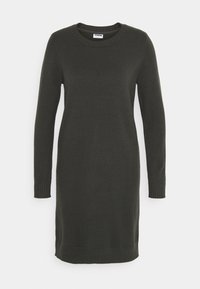 Dark green, long-sleeve knit dress with a round neckline, ribbed cuffs, and hem. Smooth texture, knee-length design, minimal detailing.