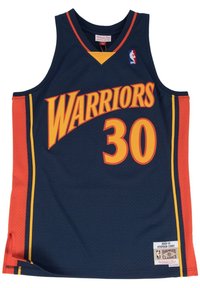 Marinblå baskettröja med "WARRIORS" i orange, med nummer "30." Inkluderar orangea sidopaneler och NBA-logotyp på bröstet.