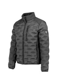 Dunkelgraue gesteppte Jacke mit hohem Kragen, durchgehendem Reißverschluss, mit Reißverschluss versehenen Brust- und Seitentaschen sowie einem Logo-Patch am linken Ärmel.