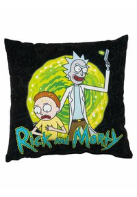 Cuscino in peluche nero con i personaggi animati Rick e Morty su uno sfondo di vortice verde, con accenti gialli e blu, e testo del logo in basso.