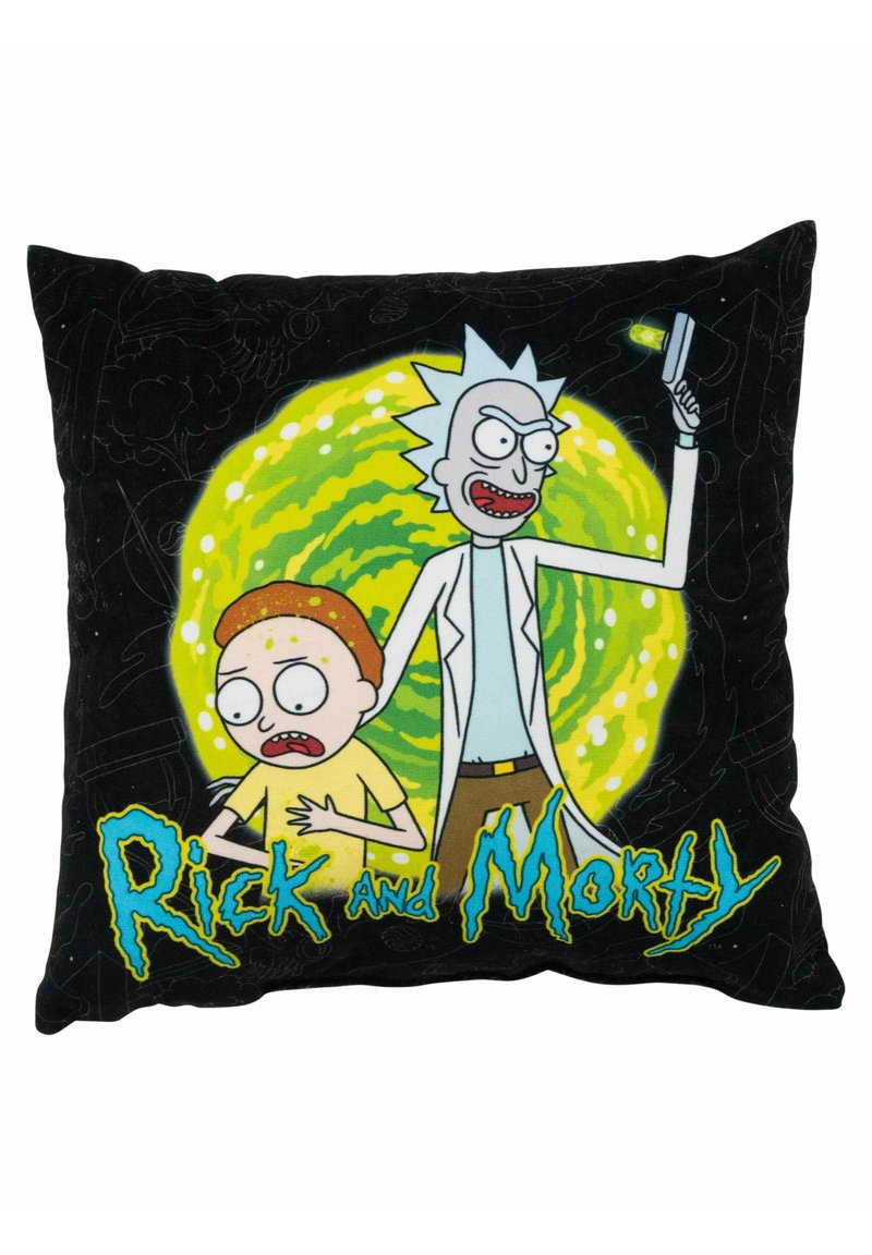 Cuscino in peluche nero con i personaggi animati Rick e Morty su uno sfondo di vortice verde, con accenti gialli e blu, e testo del logo in basso.