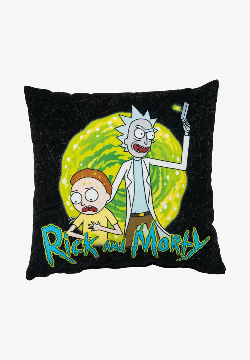 Cuscino in peluche nero con i personaggi animati Rick e Morty su uno sfondo di vortice verde, con accenti gialli e blu, e testo del logo in basso.