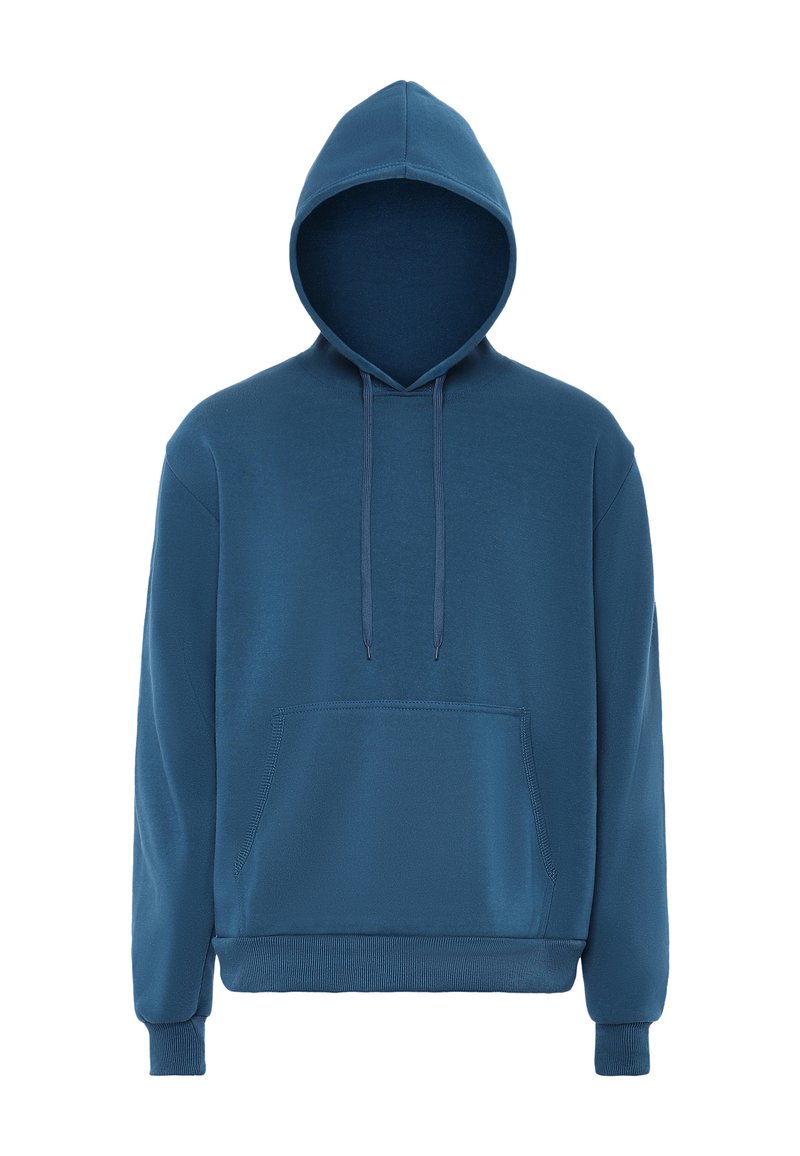 Felpa con cappuccio blu realizzata in morbido cotone misto. Presenta una tasca a marsupio, polsini a coste e cappuccio con lacci regolabili.