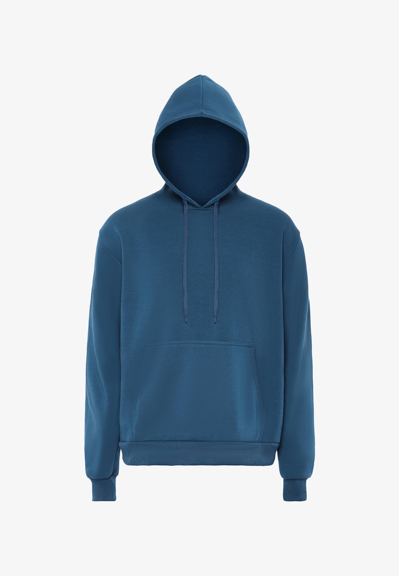 Sudadera azul con capucha hecha de una suave mezcla de algodón. Cuenta con un bolsillo tipo canguro, puños acanalados y capucha con cordones ajustables.