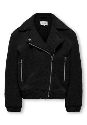 Zwarte fleece motorjas met een gestructureerd oppervlak, reverskraag en zilveren ritsen op twee zijzakken.