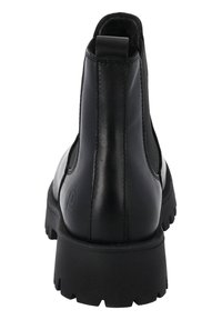 Botín negro de cuero hasta el tobillo con un exterior texturizado, paneles laterales elásticos y una suela de goma resistente. Presenta un logotipo grabado en el talón.