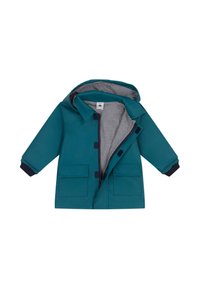 Veste imperméable teal avec une doublure intérieure rayée, une capuche et deux poches avant. Dotée de fermetures à boutons et de poignets en côtes navy.
