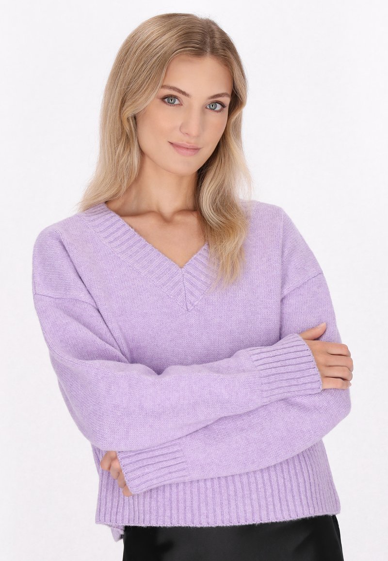 Lavendelfarbenes Strickpullover mit V-Ausschnitt, gerippten Bündchen und Saum. Weiche Textur mit lockerem Schnitt, der eine glatte Stoffoberfläche zur Geltung bringt.