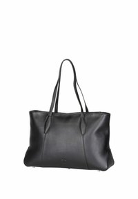 Black leather tote bag with two long handles, rectangular shape, smooth texture, and subtle embossed logo at the front.