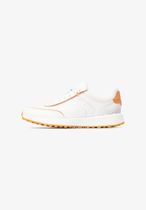 White sneaker with orange accents, made of synthetic leather. Features a perforated heel and textured rubber sole for traction.