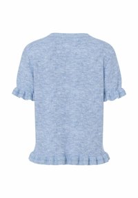 Light blue sweater featuring short sleeves with ruffled cuffs and a ribbed neckline. Soft, textured fabric with a simple design.