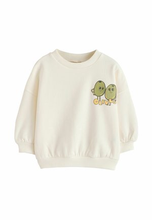 Sweat-shirt couleur crème avec poignets et ourlet côtelés, comportant deux olives dessinées souriantes et le mot "OLIVES" sur la poitrine.