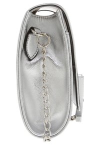 Silver metallic handbag with a textured finish, a chain accent, and a distinctive oval shape. Features a top handle and zip closure.