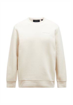 Cremfarbener Sweatshirt aus weichem Stoff, mit langen Ärmeln, einem Rundhalsausschnitt und einem dezenten gestickten Logo auf der Brust.