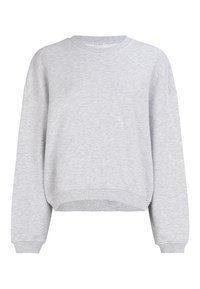 Sweatshirt court gris en tissu doux. Il présente un col rond et des poignets côtelés. Design simple sans logos ni motifs visibles.