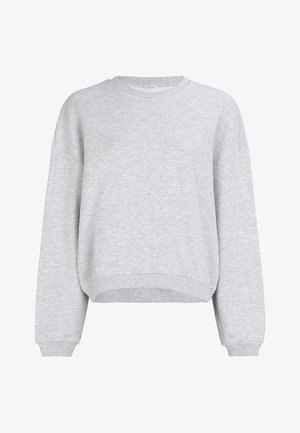 Szary, krótki sweatshirt z miękkiego materiału. Posiada okrągły dekolt i ściągacze przy mankietach. Prosty design bez widocznych logo czy wzorów.