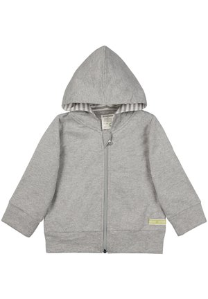 Grauer Reißverschluss-Hoodie mit Kapuze, aus weichem Material. Verfügt über gestreifte Futter, gerippte Bündchen und ein kleines Etikett am Saum.