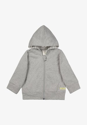 Felpa grigia con zip e cappuccio, realizzata in tessuto morbido. Presenta fodera a righe, polsini a costine e un piccolo etichetta sull'orlo.